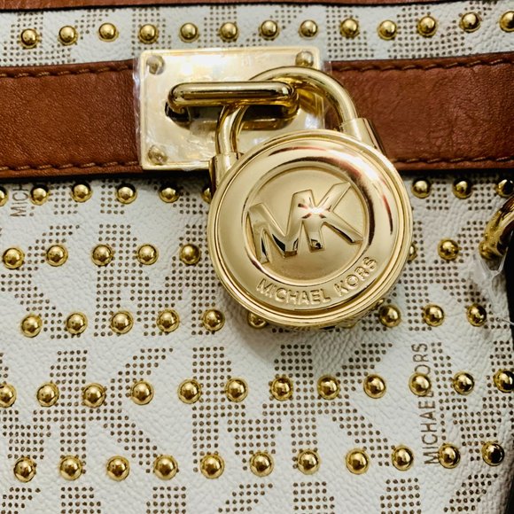 MICHAEL KORS HAMILTON STUDDED VANILLA AND GOLD SATCHEL WITH DUST BAG - Picture 3 of 14